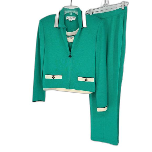 St. John Collection Santana Knit Jacket Pants Tank Teal Green Womens Szs 10/6/S